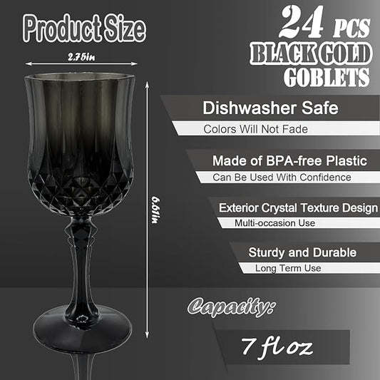 24 PCS Black Plastic Wine Glasses,Reusable Plastic Wine Glasses,Black Goblet Glass,Durable and Sturdy Cups Can Be Used for Various Parties Such as Weddings!