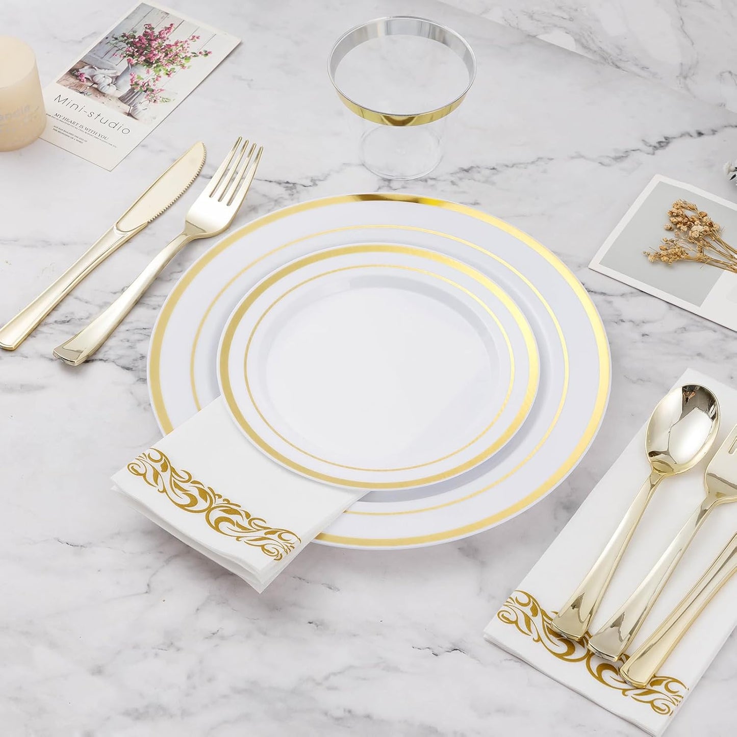 BESTVIP 350 PCS Gold Dinnerware Set for 50 Guests, Plastic Dinnerware Set for Party, Wedding, Christmas, Halloween, Include: 100 Plastic Plates, 50 Gold Silverware, 50 Cups, 50 Paper Napkins