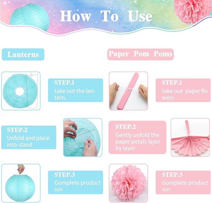 14 Pcs Pastel Party Decorations Kit - Macaron Tissue Paper Pom Poms, Lanterns & Polka Dot Garland for Girls Birthday, Baby Shower, Unicorn Ice Cream Donut Theme, Easter & Classroom Decor