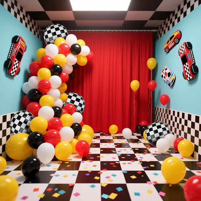 Race Car Balloon Bundle 20 Pcs Checkered Balloons Latex Balloon Yellow Red Black Boy One Happy 1st 2nd Vintage Two Fast Theme Fast One Race Car Birthday Party Decor Supplies Kit