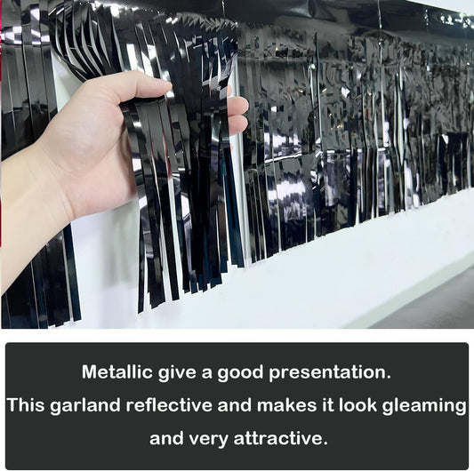 3 Pack Total 30 Feet Foil Fringe Garland Metallic Wall Hanging Drapes Tassel Skirting Tinsel Streamers Decorations for Parade Float Trailer Mardi Gras Party Birthday Wedding (Black)
