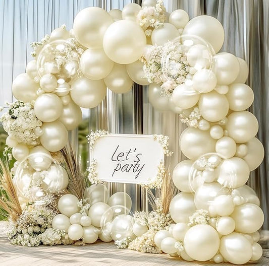 Pearl Ivory White Balloon Arch Double Stuffed Pastel White Ivory Cream Beige Balloon Garland Kit Different Sizes 12/10/5in With Clear Bobo Balloons for Birthday Wedding Bridal Baby Shower Party Decor
