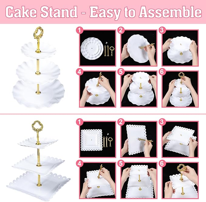 Dessert Table Display,5Pcs Cake Stand Set,2Pcs 3 Tiered Cupcake Stands and 3Pcs Dessert Trays Serving Trays for Party Baby Shower Wedding Tea Party