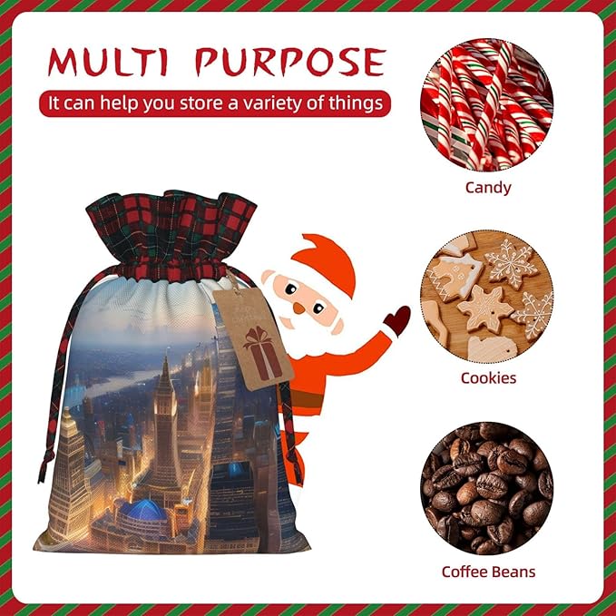 PULaif City Picture Night Christmas Drawstring Gift Bags, Large Size Christmas Bags For Gifts Party Favors, Xmas Gift Bags