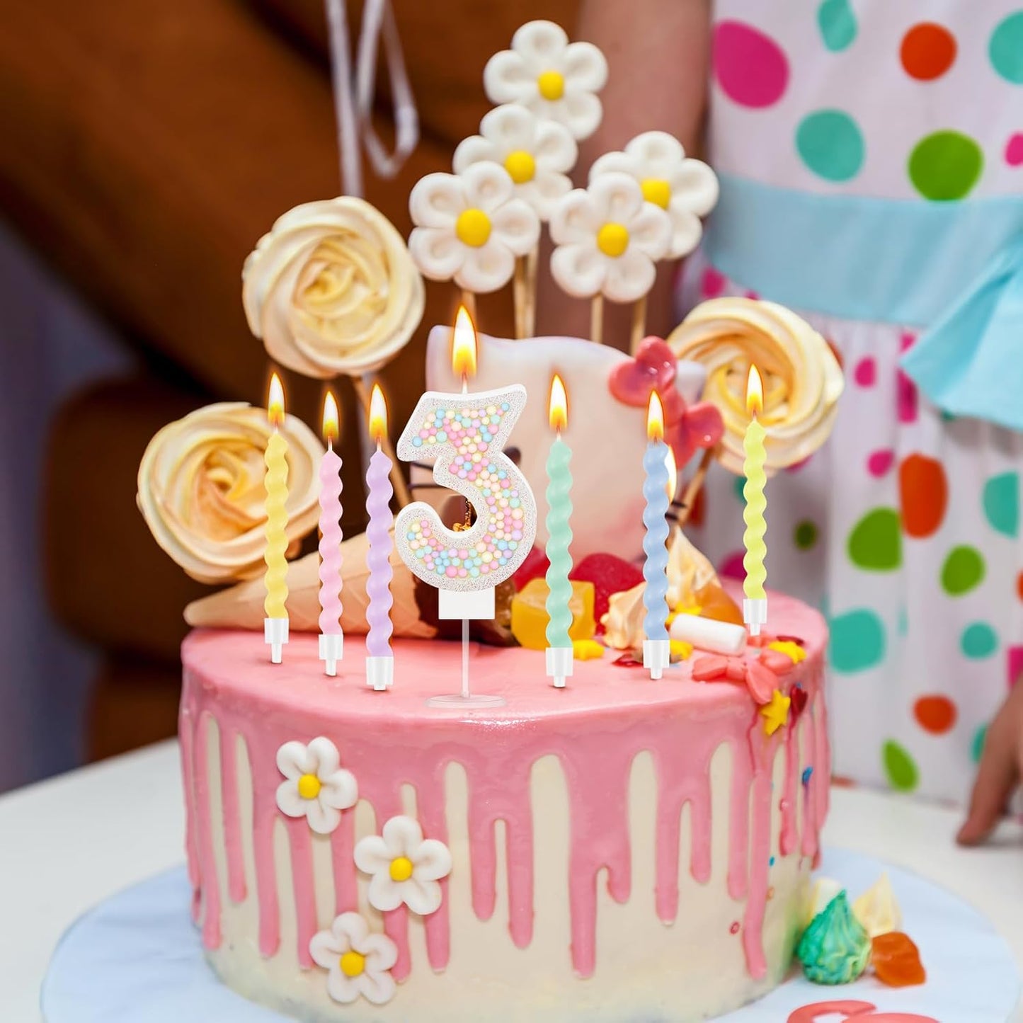 MTLEE Number 3 Birthday Candle with 12 Pcs Spiral Candles for Girls Macaron Pastel Rainbow Unicorn Pink Cake Topper for Sweet Theme Party Decoration