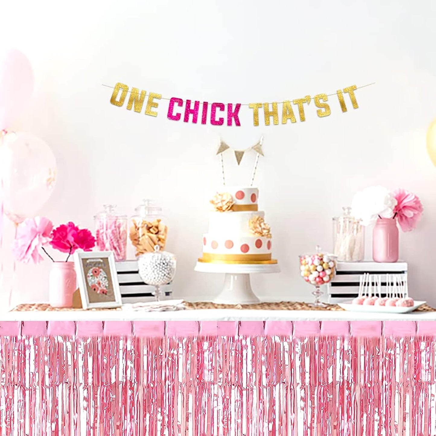6 Pack 29x108 Inch Pink Metallic Foil Fringe Table Skirts Banner for Tinsel Streamer Garland Curtains Backdrop for Parade Floats Wedding Baby Shower Birthday Christmas Halloween Party Decoration