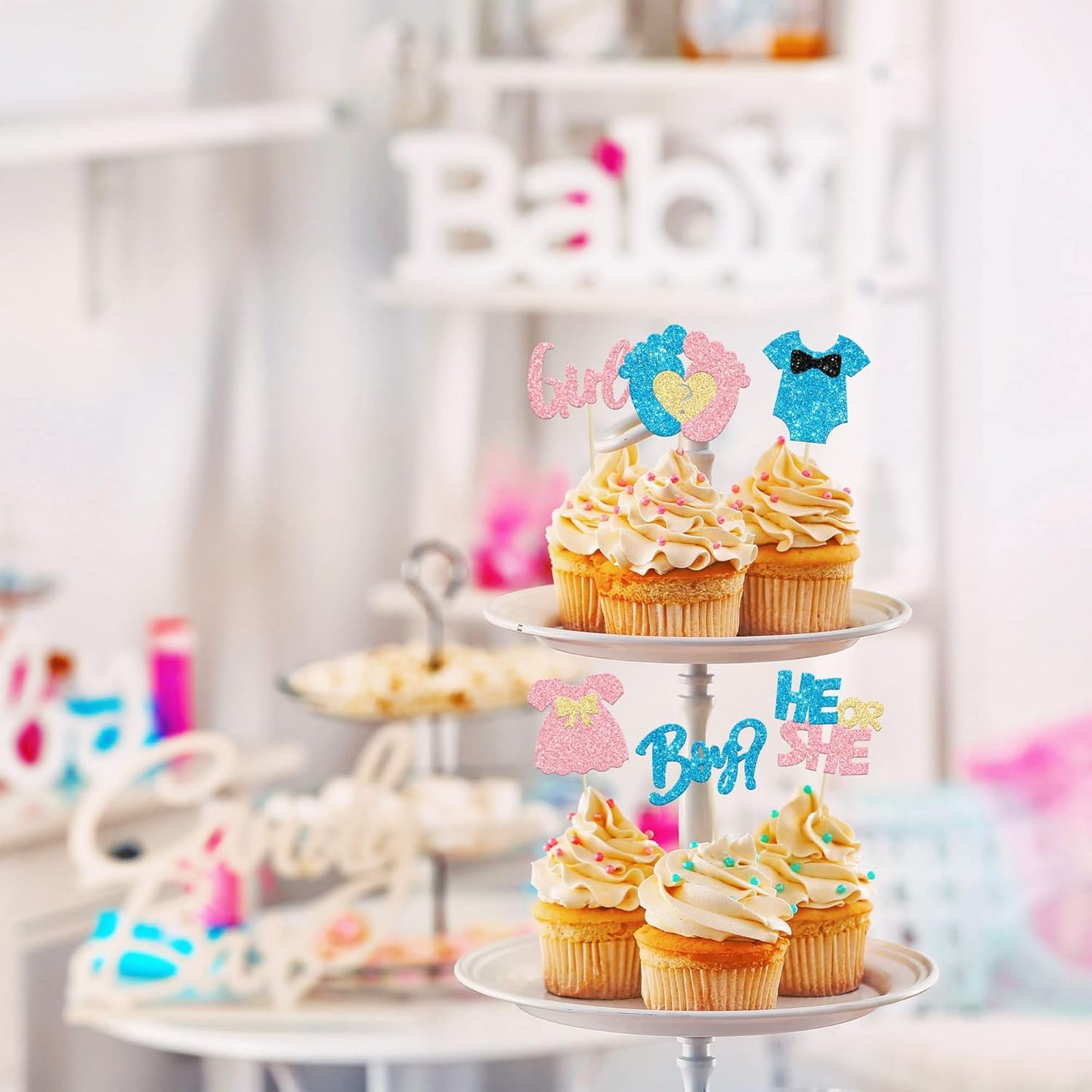 24Pcs Boy or Girl Cupcake Toppers Glitter Feet Onesie Dress Gender Reveal Cupcake Picks Pink or Blue Cake Decorations for Baby Shower Gender Reveal Kids Birthday Party Supplies