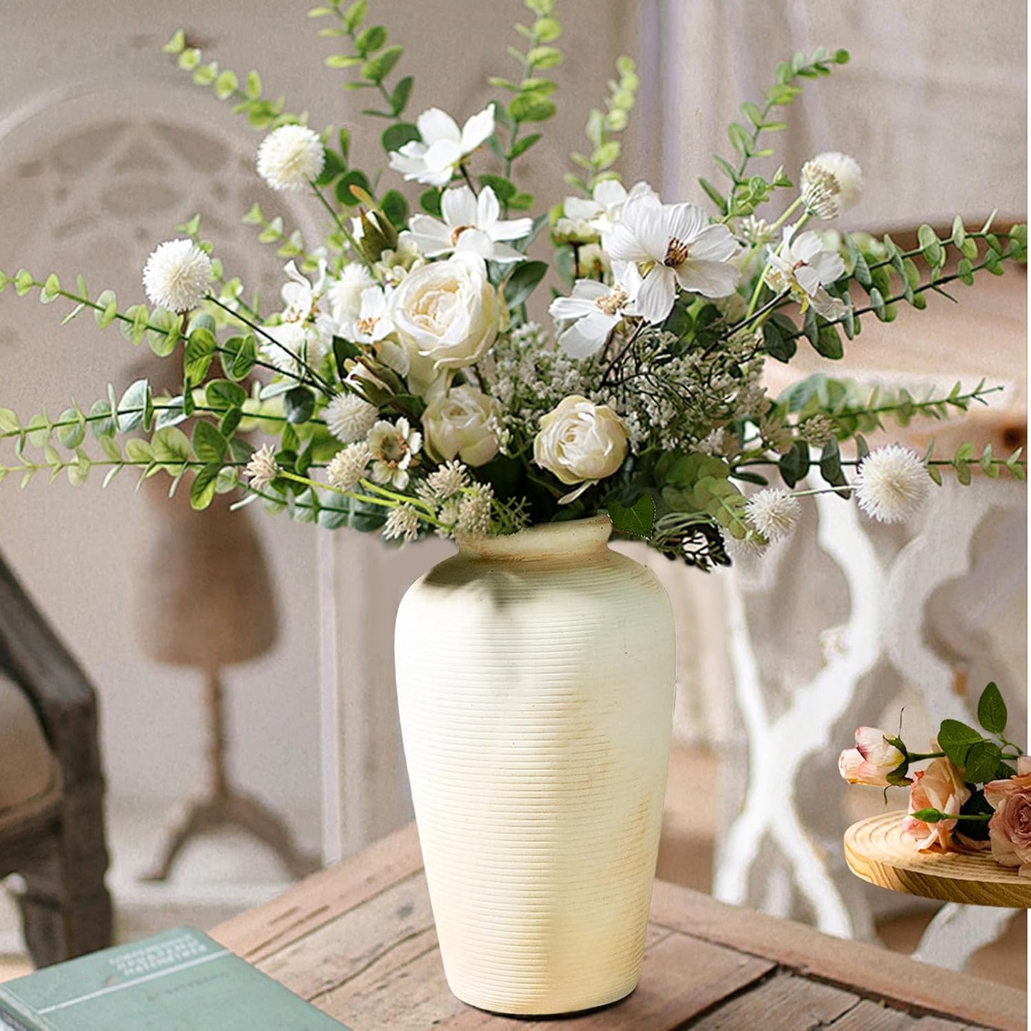 Rustic Ceramic Flower Vase, Small Decorative Terracotta Boho Vase for Living Room, Table Centerpiece, Shelf Decor, Farmhouse, Entryway - 11 Inch Tall, Vintage White