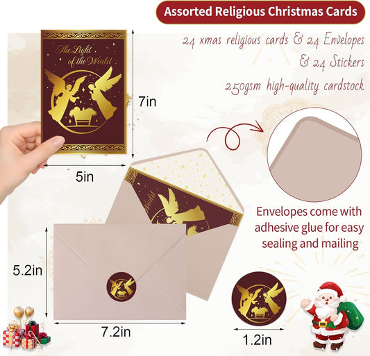 24 Pack Religious Christmas Cards with Envelopes & Stickers, 5x7in Gold Foil Embossed Christmas Greeting Cards Set 6 Designs with Printed Message Inside(Religious Style)