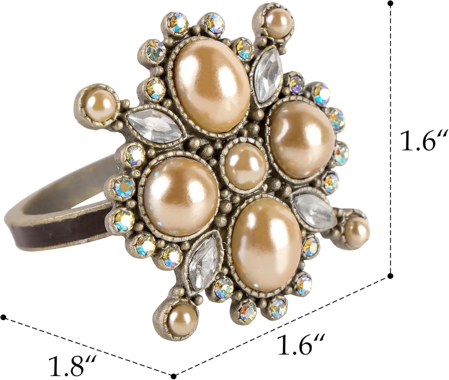 Vintage Pearl Napkin Ring Set of 4 for Dining Wedding Anniversary Birthday Christmas Party Crystal Rhinestone Serviette Holders for Table Settings, Antique Bronze