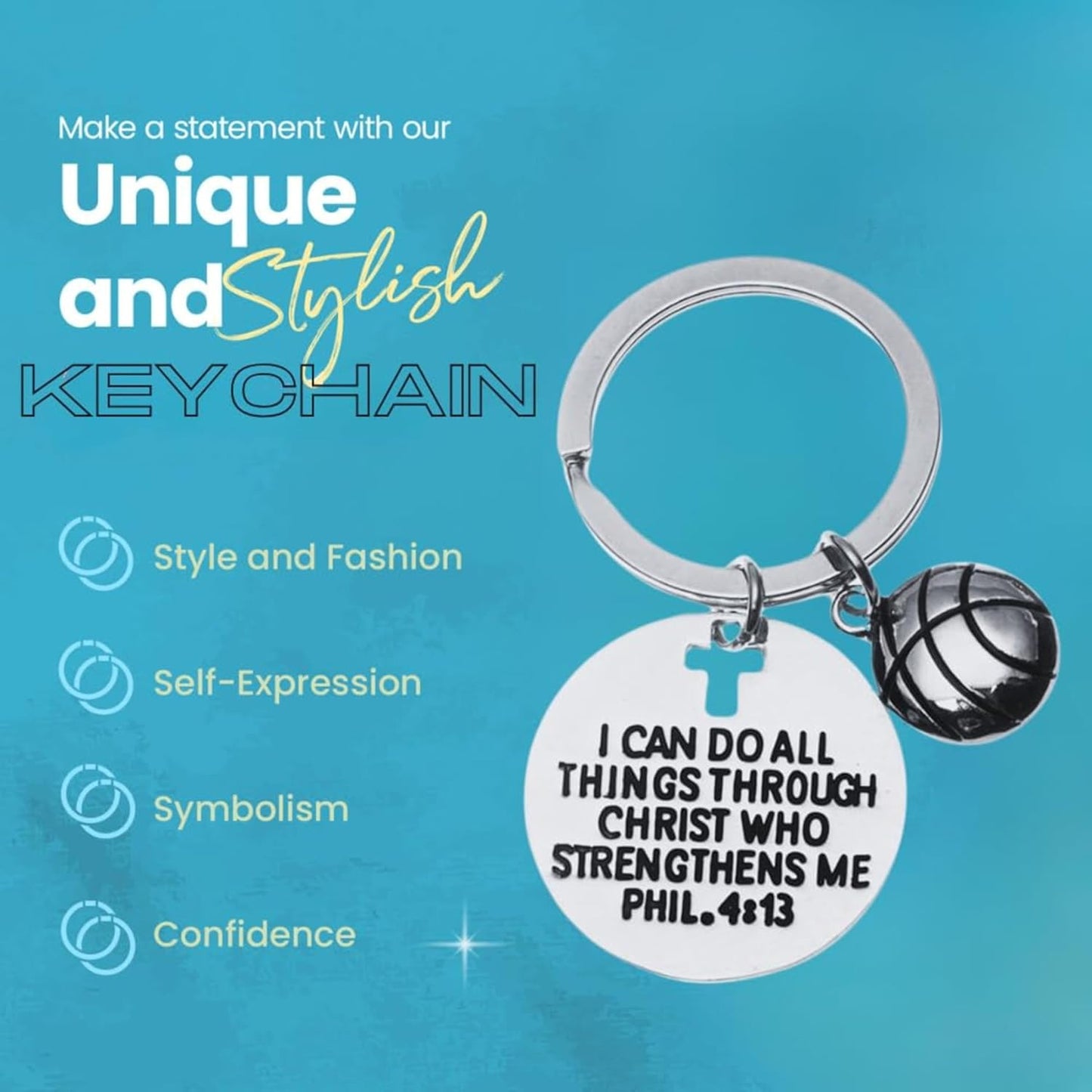 SportyBella Basketball Keychain I Can Do All Things Through Christ Phil 4:13 Engraved Faith Charm Gift for Basketball Players Fans