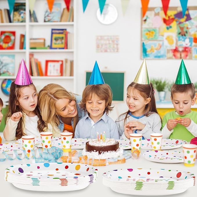 50Pcs Happy Birthday Oval Paper Plates 10" x 12" Large Disposable 400GSM Heavy Duty Rainbow Colorful Dots Platters Plates Happy Birthday Party Decorations for BBQ Picnic Baby Shower Party Supplies