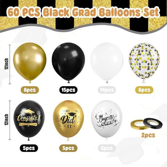 Paready Graduation Balloons Set, 60Pcs Black Gold GRAD Print Balloons, 12 Inch Metallic Black Gold White Confetti Balloons for Graduation Party Decoration Supplies