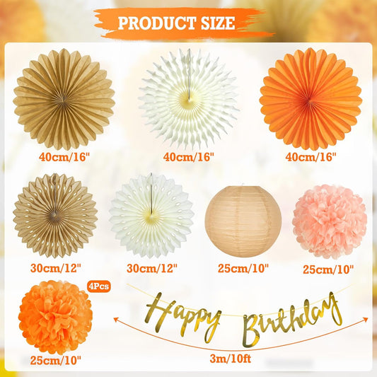 SUNBEAUTY Orange Birthday Party Decorations for Girls Women with Happy Birthday Banner Fall Hanging Paper Fans Tissue Pom Poms Lanterns for Wedding Autumn Thanksgiving Festival Party Decor