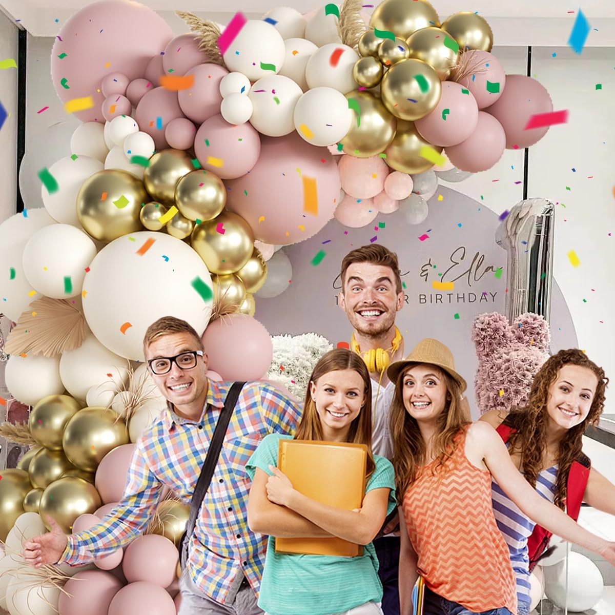 Pink White Gold Balloons Arch Kit, 155Pcs Dusty Pink Matte White Metallic Gold Balloon Garland for Birthday Bridal Baby Shower Wedding Confession Proposal Party Decorations
