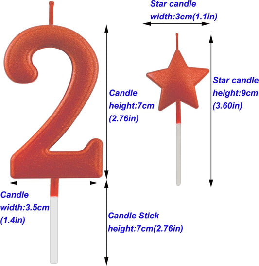 2.75in Number 2 Birthday Candles - Glitter Red Happy Birthday Cake Cupcake Toppers for Adults/Kids Party Celebration
