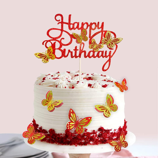 13-Piece Butterfly Cake Toppers - 3D Cupcake Toppers for Girls & Women's Birthdays (Golden Red)