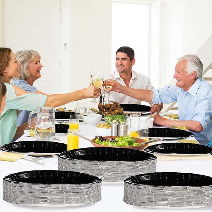 50Pcs Black Oval Paper Plates Decorations 10" x 12" Large Heavy Duty Disposable Black Paper Platters Birthday Party Decorations for BBQ Easter New Year Holiday Lunch Dinner Party Supplies Table Deco