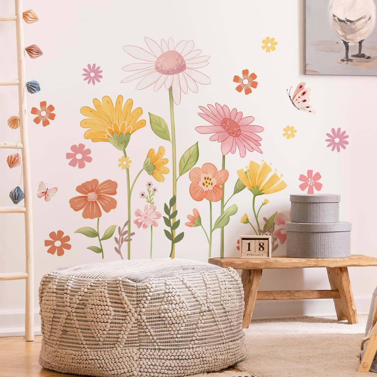 Boho Flower Wall Stickers, Daisy Butterfly Wall Decals, PVC Waterproof Self Adhesive Floral Retro Art Clings for Bedroom Living Room TV Wall Office Decor Home Decoration