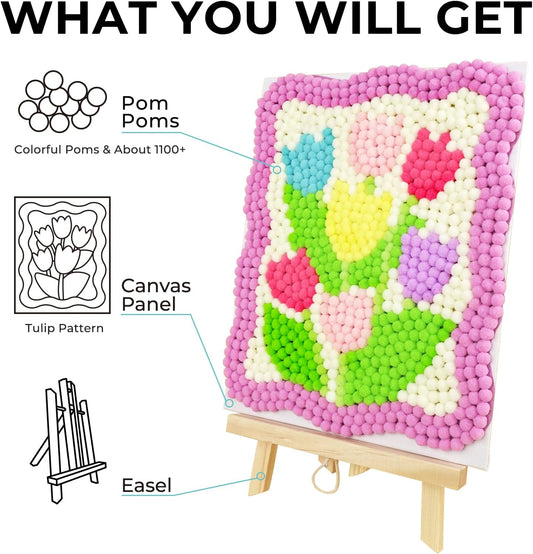 Funto Tulip Pom Pom Painting Art Kit, 1100+ pom poms, Canvas and Sturdy Easel for Home Decor, Suitable for Kids and Adults DIY Painting
