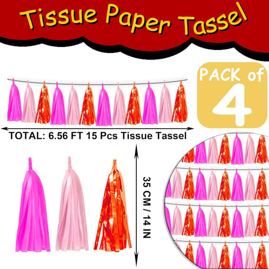 4P Hot Pink Orange LightPink Tassel Banner Garland Foil Fringe Tinsel Streamer Banner Backdrop for Parade Floats, Wall Hanging Curtain Parade Floats, Graduation Decorations, Wedding Party Decoration