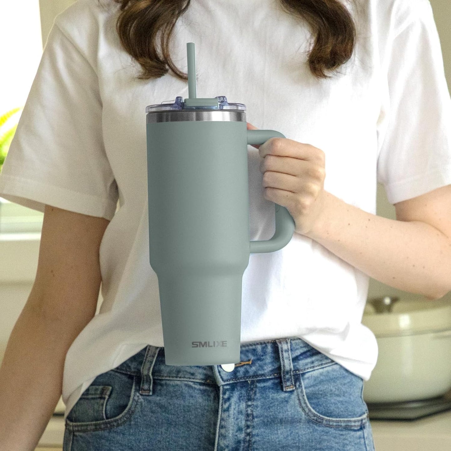 40 oz Tumbler with Handle and Straw Lid,Insulated Reusable Stainless Steel Water Bottle Travel Mug,Cupholder Friendly Double Wall Vacuum Sealed Cup (Shale)