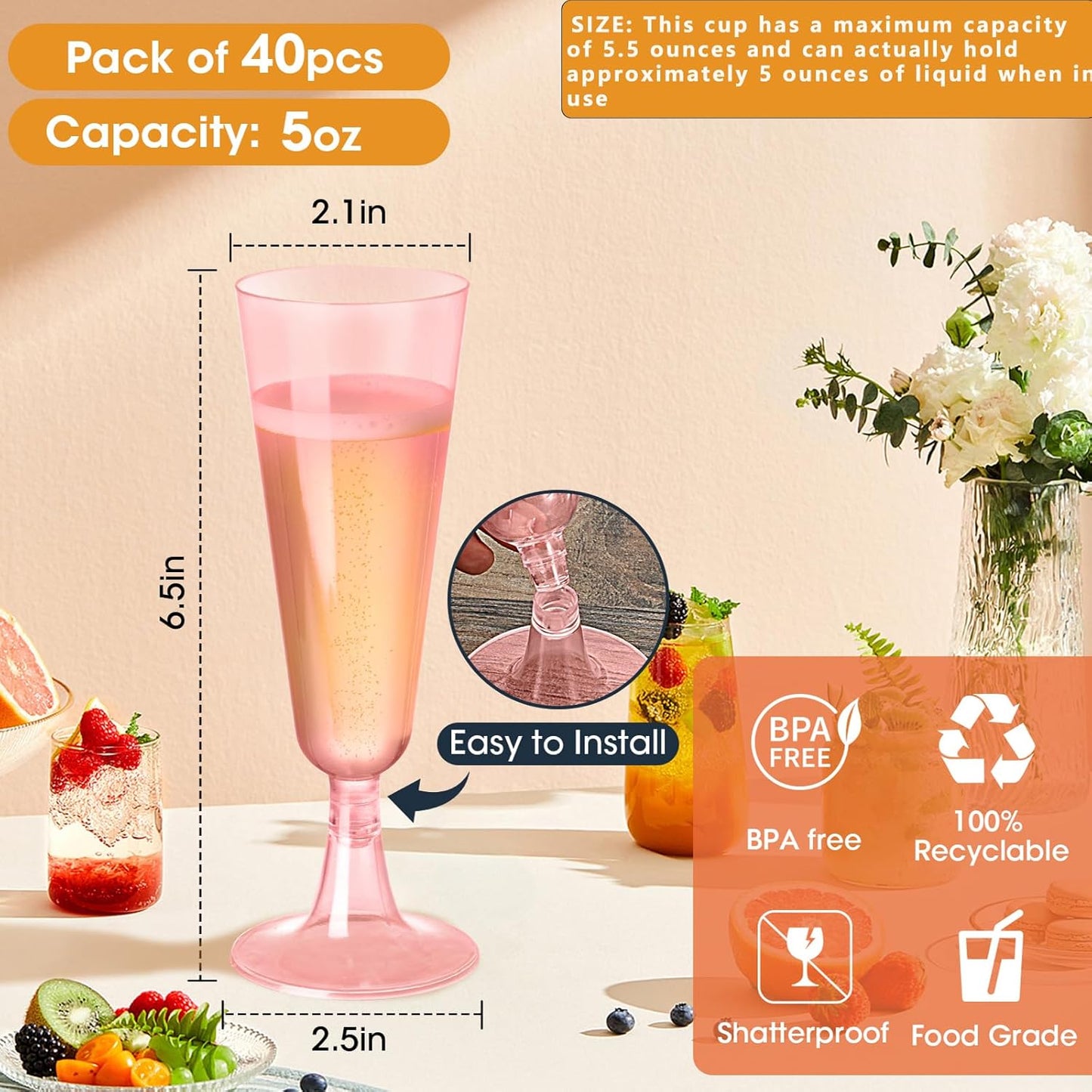 SUREHOME Pink Champagne Flutes Plastic Champagne Glasses Disposable Mimosa Glasses 40 Pack 5 Oz Acrylic Stemware Cocktail Cups Bulk for Valentines Wedding Toasting Engagement Party Supplies