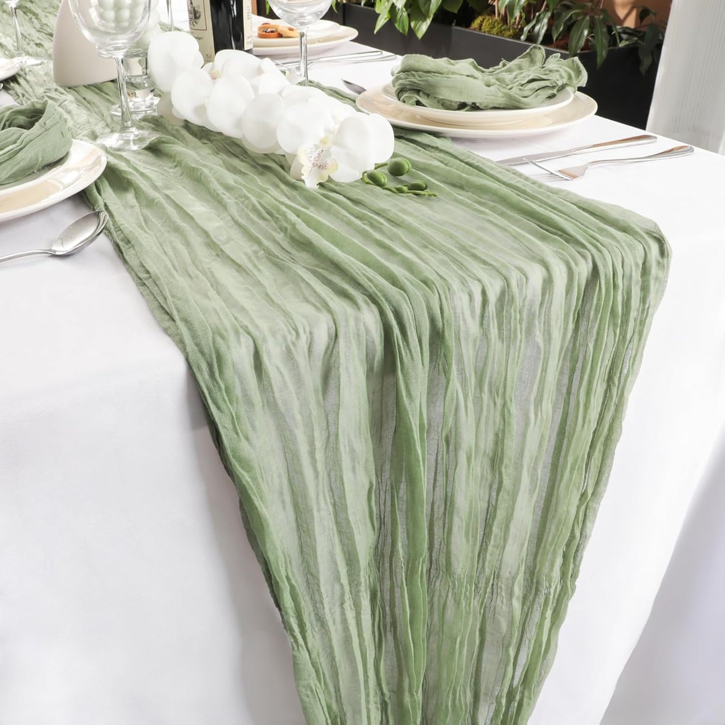 NESCCI 2 Pack Sage Green Table Runner,Rustic Boho Cheesecloth Table Runner,35x120 Inches Runners for Tables, Pefect for Mothers Day Wedding Baby Shower Birthday Party Home Decorations