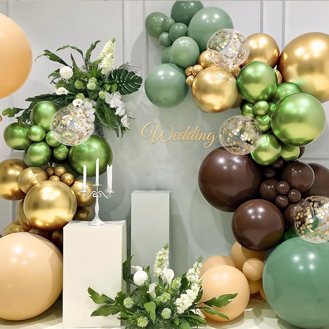 Sage Green Brown Nude Gold Balloon Garland Arch Kit, 167Pcs Latex Balloons Different Sizes 18 12 10 5 inch for Woodland Birthday Safari Jungle Baby Shower Graduation Gender Reveal Party