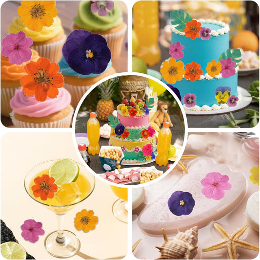60 PCS Real Edible Flower Tropical Cupcakes Cake Decoration, Hibiscus Flowers Turtle Back Leaves Cartoon Birthday Cake Toppers -Hawaiian Series Theme Wedding, Party, Cocktails