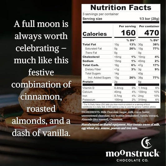 Moonstruck Chocolate Milk Chocolate Bar with Cinnamon Vanilla and Almond, 31% Cacao, 3.0oz (Pack of 1)