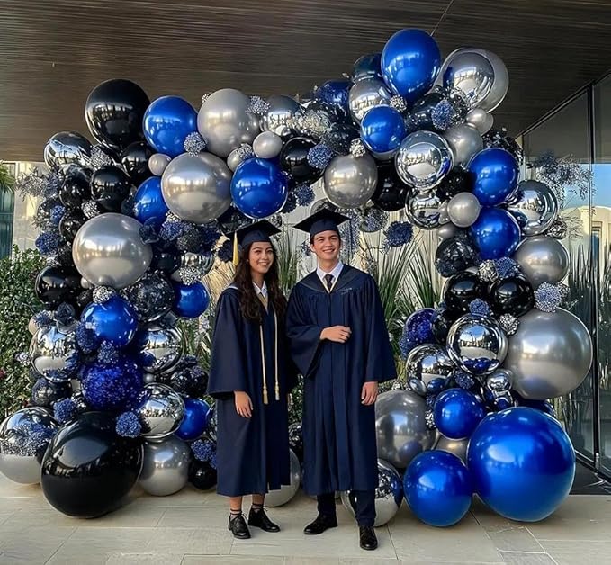 Black Blue Balloon Garland, Double Stuffed Navy Royal Blue Black Metallic Silver Foil Balloon Arch Kit for Birthday Graduation Baby Shower Wedding Anniversary Party Decorations