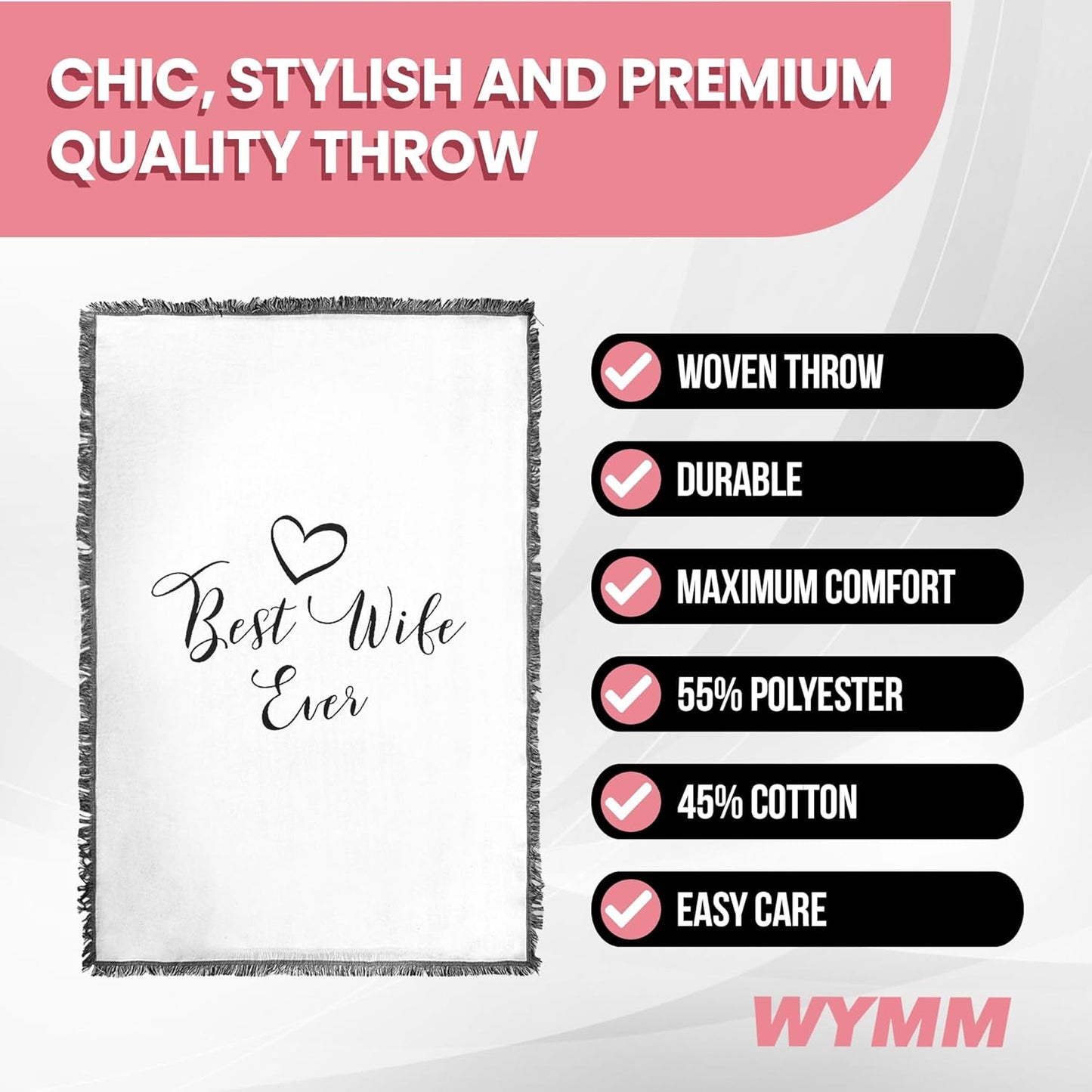 Best Wife Ever Woven Blanket, Super Soft Throw Blankets, Cotton/Polyester Blend Wifey Blanket from Husband, Ideal for Women, Valentine’s Gifts, Best Wife Gift Ever, 51x71 in.