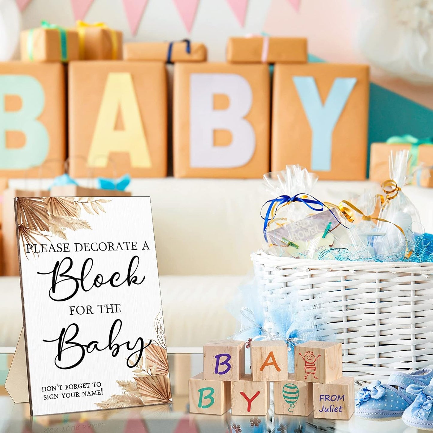 Tatuo 75 Pcs Baby Shower Games Sign Kit Including Decorate a Block Game Sign 50 DIY Wooden Block 24 Acrylic Paint Marker Baby Shower Prize for Gender Reveal Party(Boho)