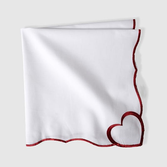 FINGERCRAFT Cloth Napkins, Everyday Use Scallop Heart Embroidery Design, Premium Quality Natural Cotton Napkin Set of 6 Perfect for Parties Dinners Weddings Easter Napkin Cloth 20x20 inch White/Red