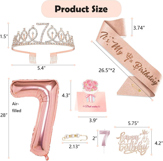 7th Birthday Decorations for Girls, Including 7 year old Birthday Cake Topper, Queen Sash with Pearl Pin, Sweet Rhinestone Tiara Crown, Number Candles and Balloons Set, Rose Gold