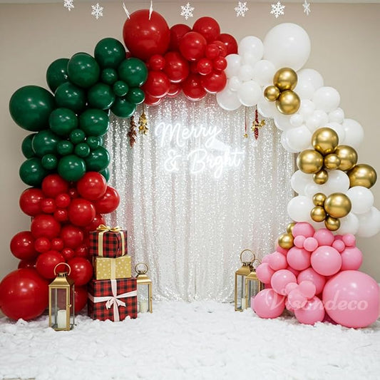Christmas Balloon Arch Kit – 143pcs Double Stuffed Green, Red, Green, White, Pink & Gold Balloons Garland, Xmas Balloon Arch Decorations for Holiday Party, Merry Christmas Balloons Decor Supplies
