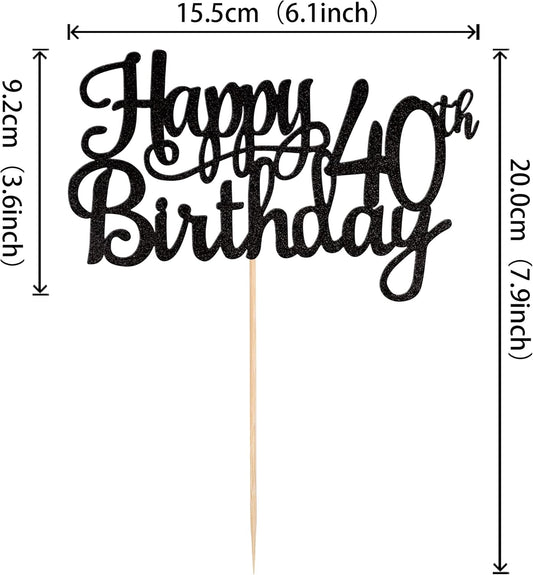 1 PCS Happy 40th Birthday Cake Topper Glitter Cheers to 40 Years Birthday Cake Pick 40 Fabulous Cake Decoration for Happy 40th Birthday Anniversary Party Decorations Supplies Black