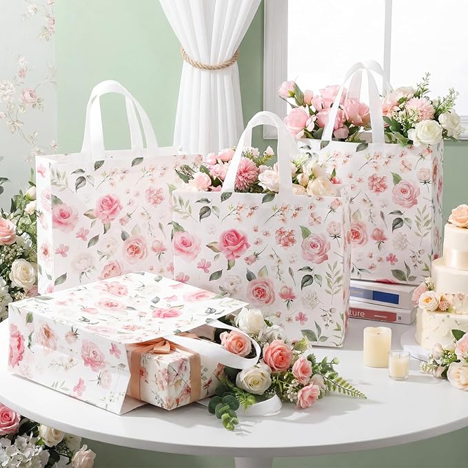 30 Pack Pink Floral Reusable Gift Bags Bulk | Large Non-Woven Tote Bags for Wedding, Birthday, Baby Shower & Party Favors (12.2" x 11" x 4.7")
