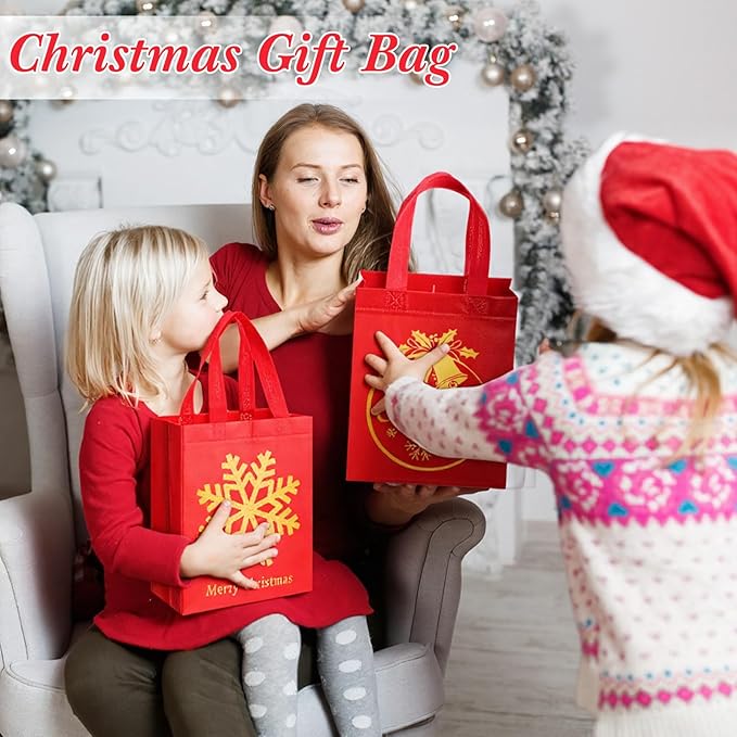 Wesnoy 24 Pcs Christmas Gift Bags Bulk 10 x 8 x 4 Inch Christmas Red Gold Non Woven Party Favors Goodies Candy Bags with Handles for Holiday Gift Birthday Party Supplies