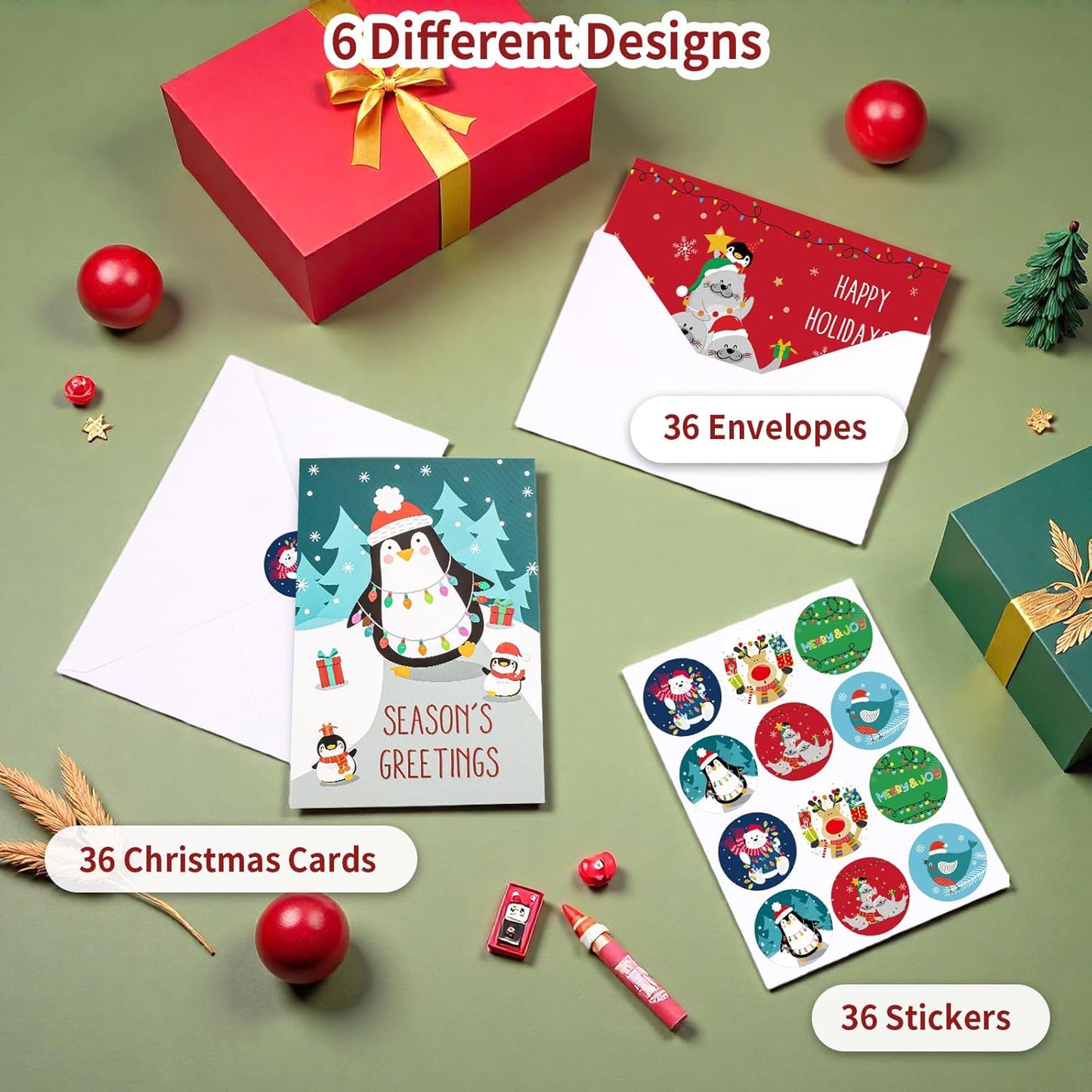 Christmas Cards with Envelopes & Stickers, 36 Pack 4x6 Inch Merry Christmas Cards, Funny Holiday Card, 6 Assorted Designs Greeting Card for Xmas