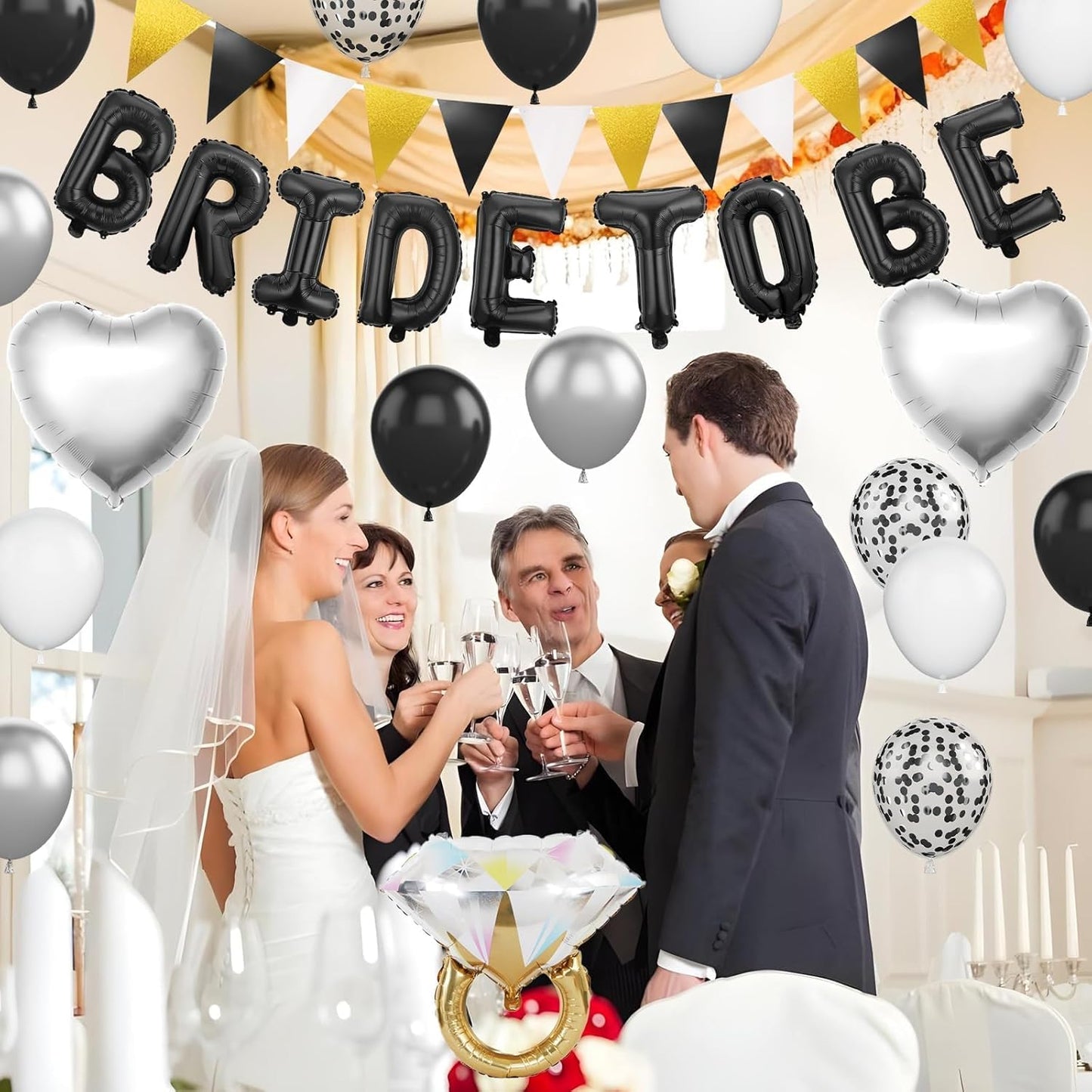 Black and Silver Bachelorette Party Decorations, Black Bride To Be Bridal Shower Decorations, Black White Silver Balloons and Diamond Ring Silver Heart Balloons for Bachelorette Engagement Wedding