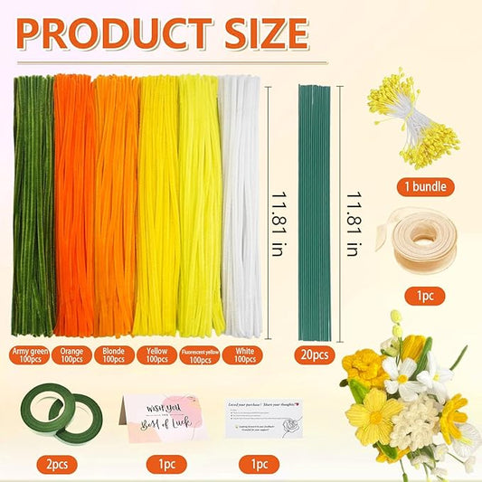 620 Pieces Pipe Cleaners Craft Set, 600 Pcs Chenille Stems with 20 Pcs Flower Stems, Craft Supplies Bulk for DIY Art and Craft Projects Creative Gift Wrapping Party Decorations(Golden Yellow Series)