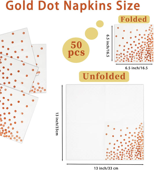 100 Pcs Unfold Size 13x13 Inch Disposable White Rose Gold Dot Paper Napkins