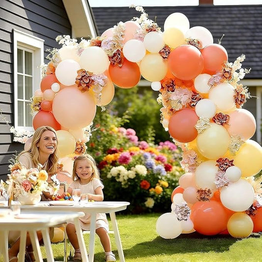 Pink Yellow Peach Balloons with Hydrangea Artificial Flowers, Double Stuffed Pastel Pink Coral White Ivory Balloon Arch for Wildflower Baby Shower Birthday Bridal Shower Easter Tea Party Decor