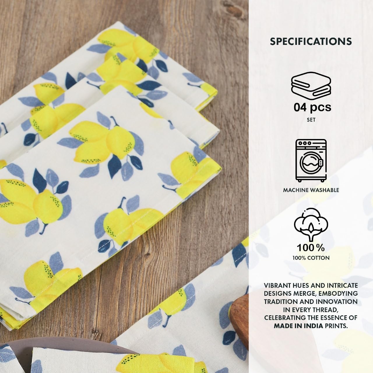 TARAN LIVING Printed Cotton Cloth Napkins Fall Dinner Napkin Set Reusable Machine Washable Fabric for Gifting, House Party Events, Home Decor, Craft - 18"x18" - Set of 4 - Lemon Print
