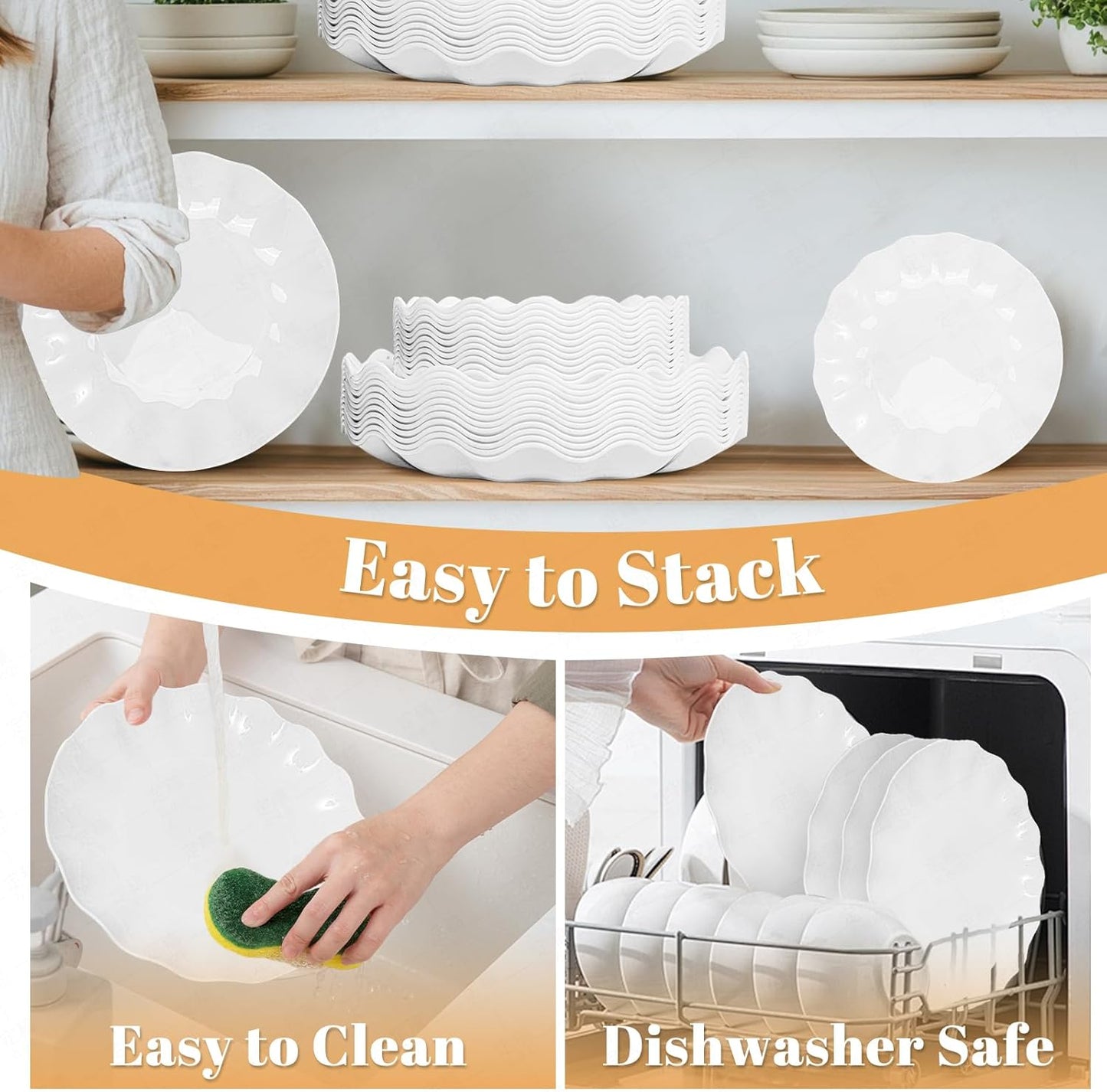 LIYH 50 Pcs White Scalloped Plastic Plates Reusable - Unbreakable Plastic Plates for Weddings Party Outdoor Picnics Dishwasher Safe BPA Free (25Guests)