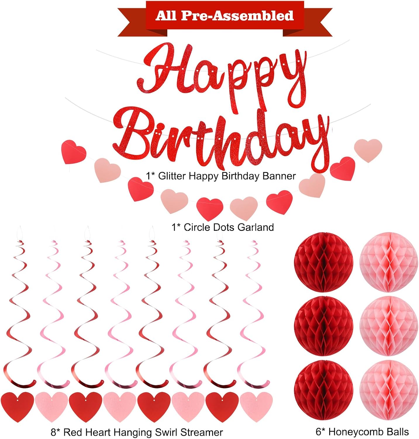 Birthday Decorations, NO DIY, Pre-Strung Happy Birthday Banner with Honeycomb Balls, Hanging Swirls, Circle Dots Garland, Happy Birthday Party Decorations for Women Men Boys Girls (Red)