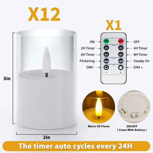 12Pack Flickering Flameless LED Candles with Remote & Timer, Battery Powered - Small Pillar & Votive, Clear (2"X3")