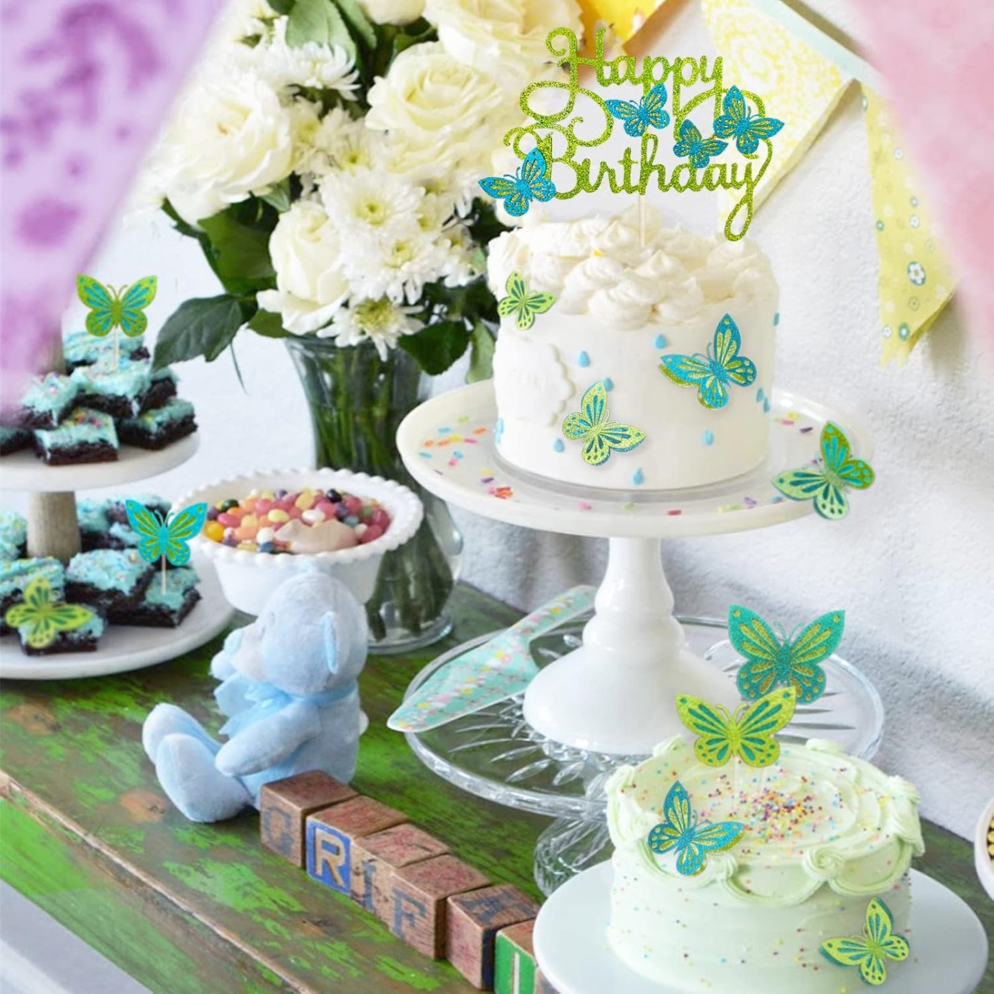 13-Piece Butterfly Cake Toppers - 3D Cupcake Toppers for Girls & Women's Birthdays (Greenish Blue)
